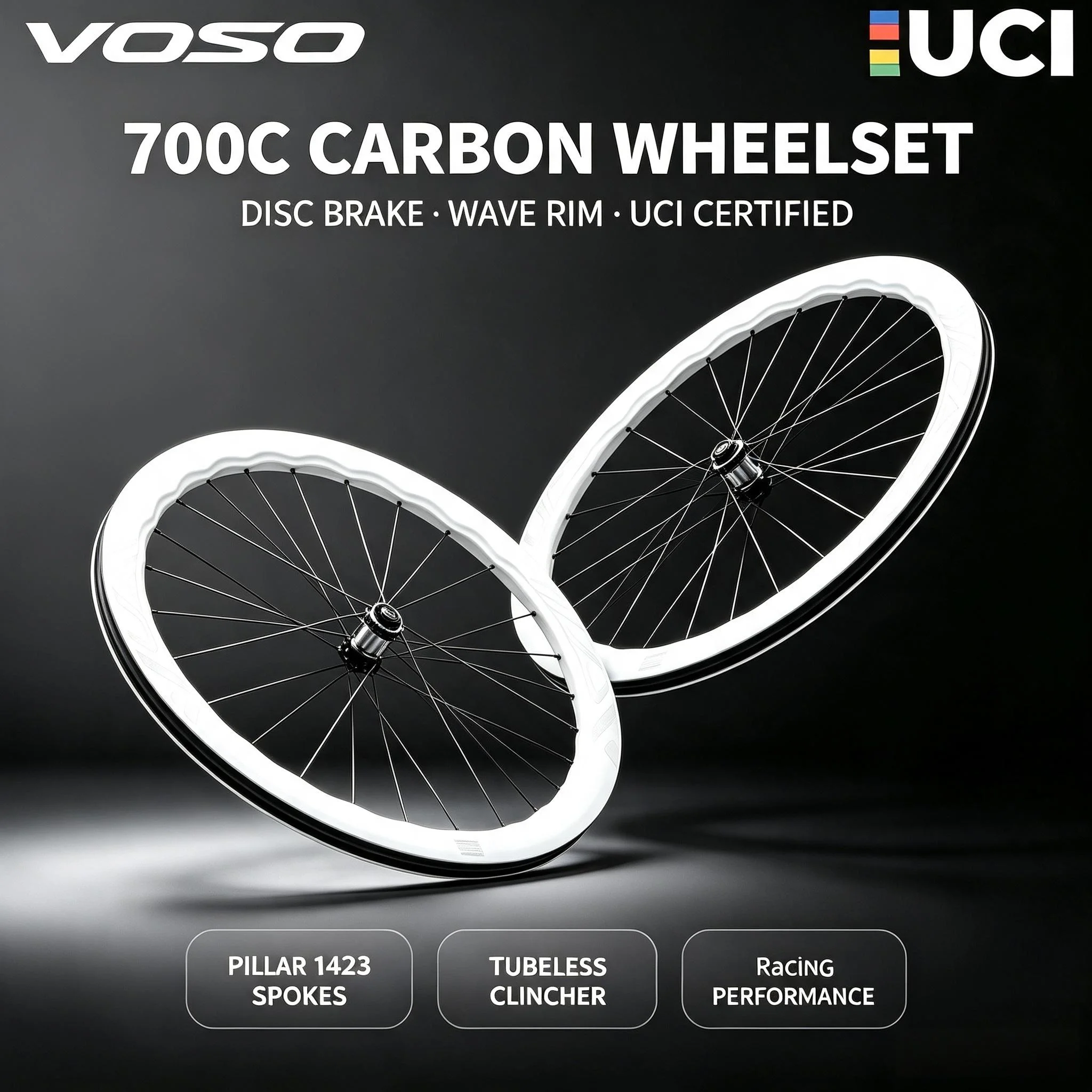 700C Weißer Wellenrand Carbon-Rennrad-Laufradsatz Scheibenbremse UCI-Zertifiziert Rennrad-Räder Mit Pillar 1423 Speichen