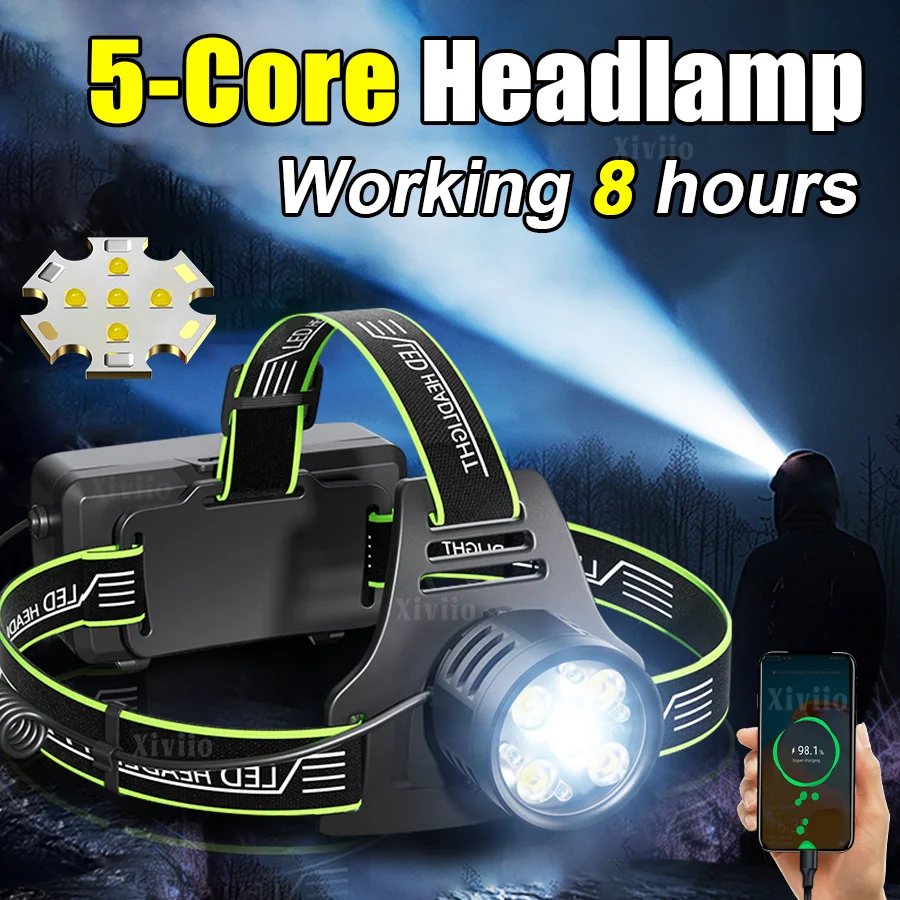 

Мощный 5 * светодиодный налобный фонарь, перезаряжаемый через USB фонарь 18650, сильный свет, налобный фонарик, уличный водонепроницаемый налобный фонарь для рыбалки