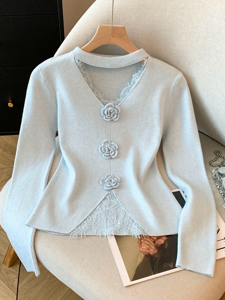 블루 플로럴 레이스 V넥 니트 스웨터 여성 이너웨어 네이징 디자인 루즈핏 스윗 슬레 시 워크 폴리에스터 섬유