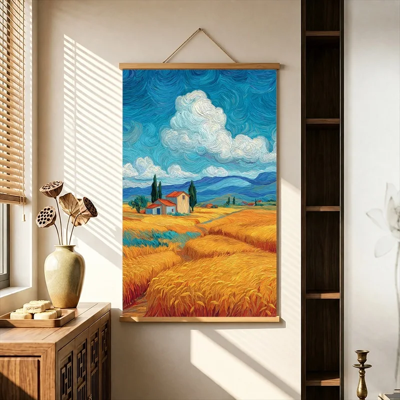 Room Decorations Sunflowers and Village Life beneath Blue Skies, Pearlescent Canvas Hanging Scroll for Childrens Reading Corner