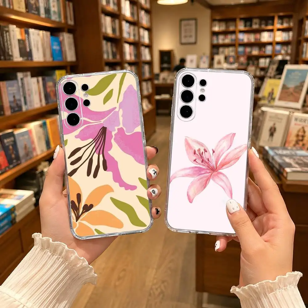 pink lily flower Clear Hard Phone Case For Samsung S25,24,23,22,21,10,9,Ultra,Plus,Lite Transparent Cover