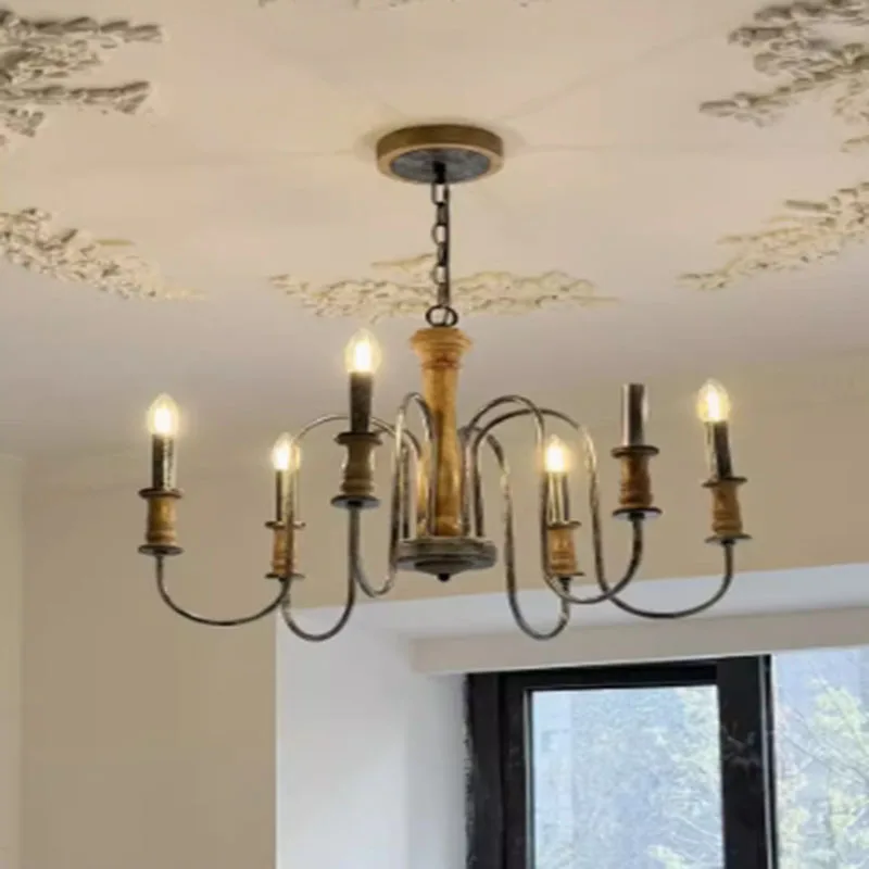 Wood Chandelier for Dining Room, Black Farmhouse Lamp, Light Fixtures Rustic Candle Ceiling Chandelier for Living Room