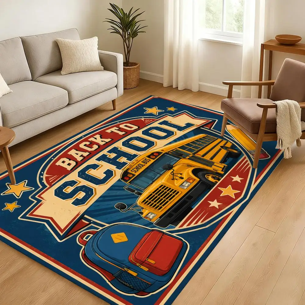 Yellow school bus schoolbag and pencil Floor Mat Soft Thickened Absorbent Non-Slip Bedroom Living Room Door Mat Flannel Rugs