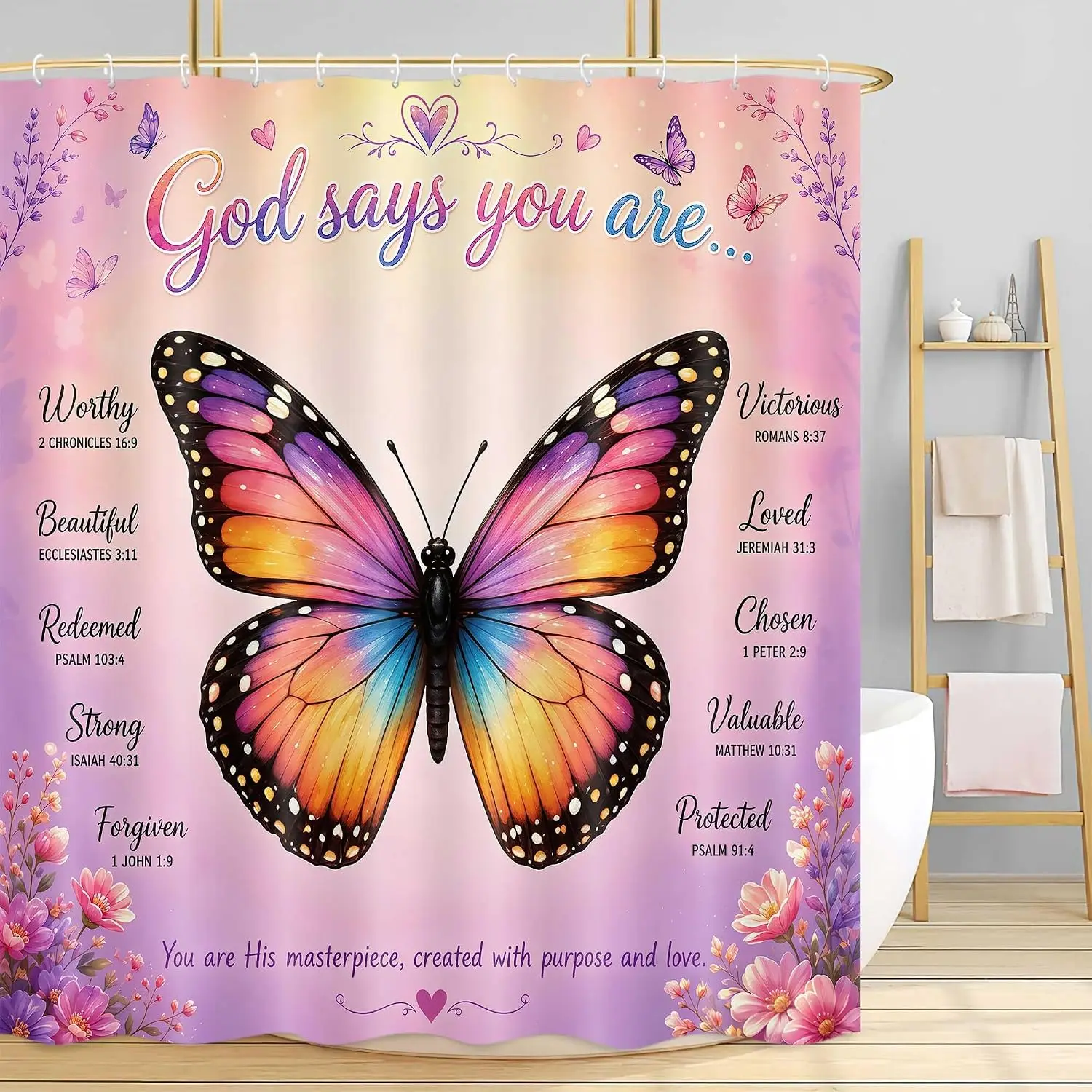 High Quality Inspirational Christian Shower Curtain Butterfly Bathroom Decor Spiritual Gospel Message Floral Print Bath Curtain