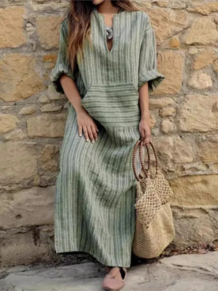 Autumn Women's New Cotton Linen Yarn-dyed Striped Long Dress, Fashionable Big Pockets, Sexy V-neck Long-sleeved Loose Dress