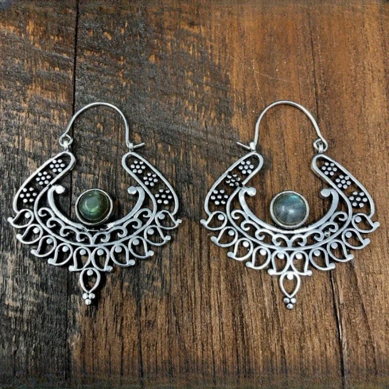 

Vintage Grave Round Flower Earrings Silver Color Green Stone Party Dangle Earrings for Women