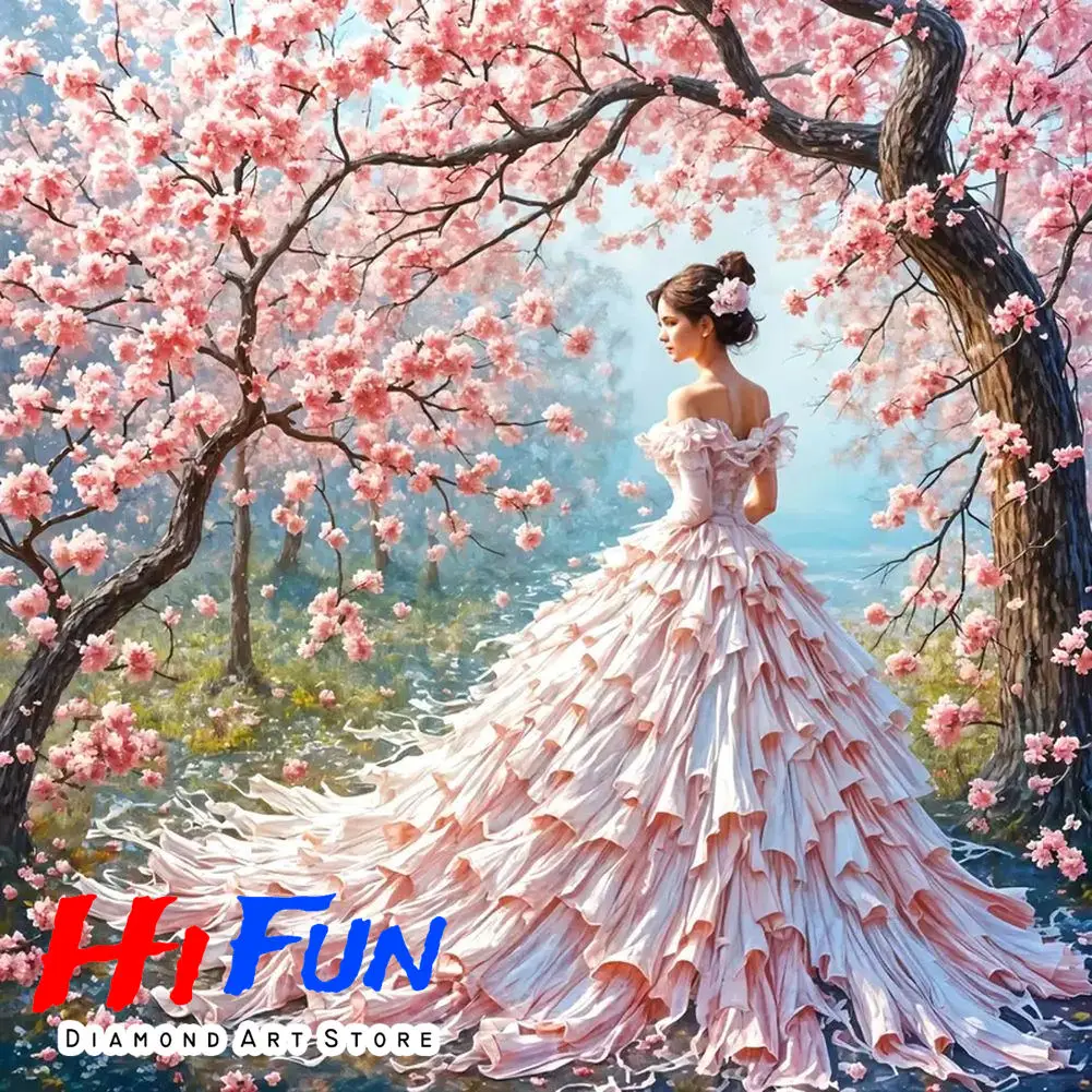 

Full Round Drill 5D DIY Diamond Painting Art Romantic Woman Art Mosaic Pink Dress Falling Petals Spring Decor Home Decor Gifts