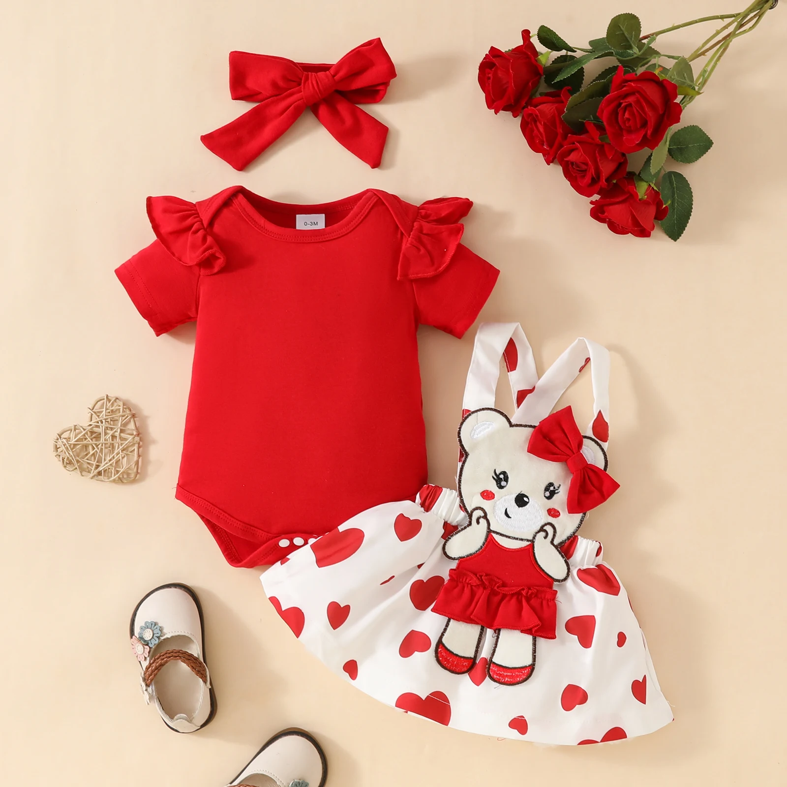 2pcs Adorable Valentine\'s Day Bear Embroidered Outfit for Baby Girls.Solid Romper and Heart Overall Skirt