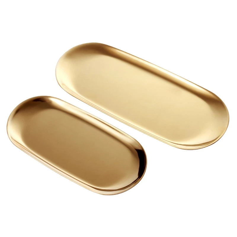 2 Sets Gold Oval Stainless Steel Trinket Tray,Towel Storage Dish Plate Tea Fruit Trays Cosmetics Jewelry Plate