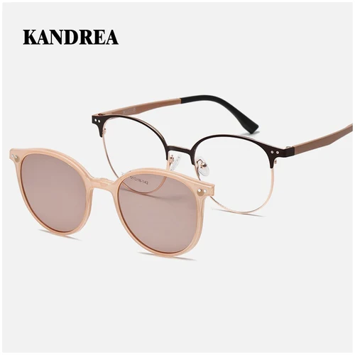 KANDREA 2 en 1 gafas de sol polarizadas magnéticas redondas para mujer, gafas de moda para miopía a prueba de rayos UV, lentes magnéticos para exteriores, montura G2262