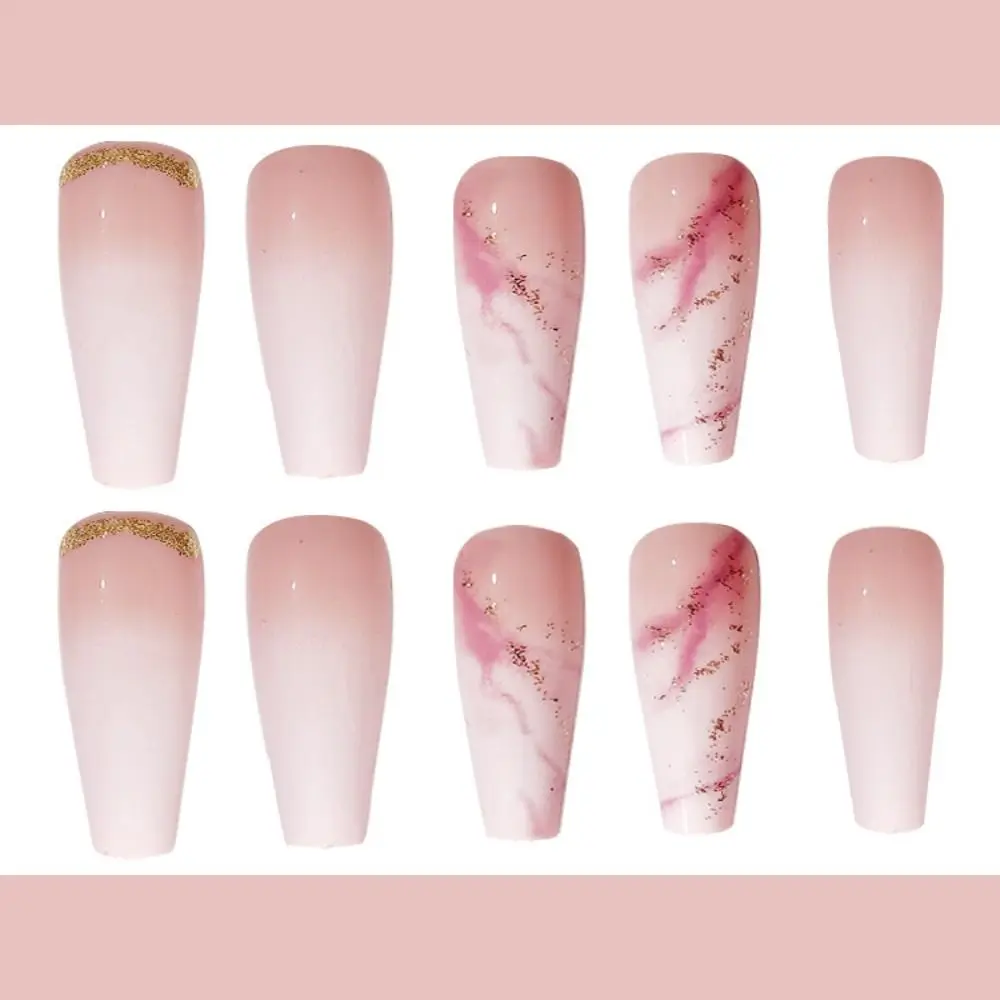 Modische lange Ballerina-Kunstnägel, französischer Marmor, Glitzer-Nagelspitzen, abnehmbar, vollständige Abdeckung, zum Aufdrücken der Nägel, zum Selbermachen