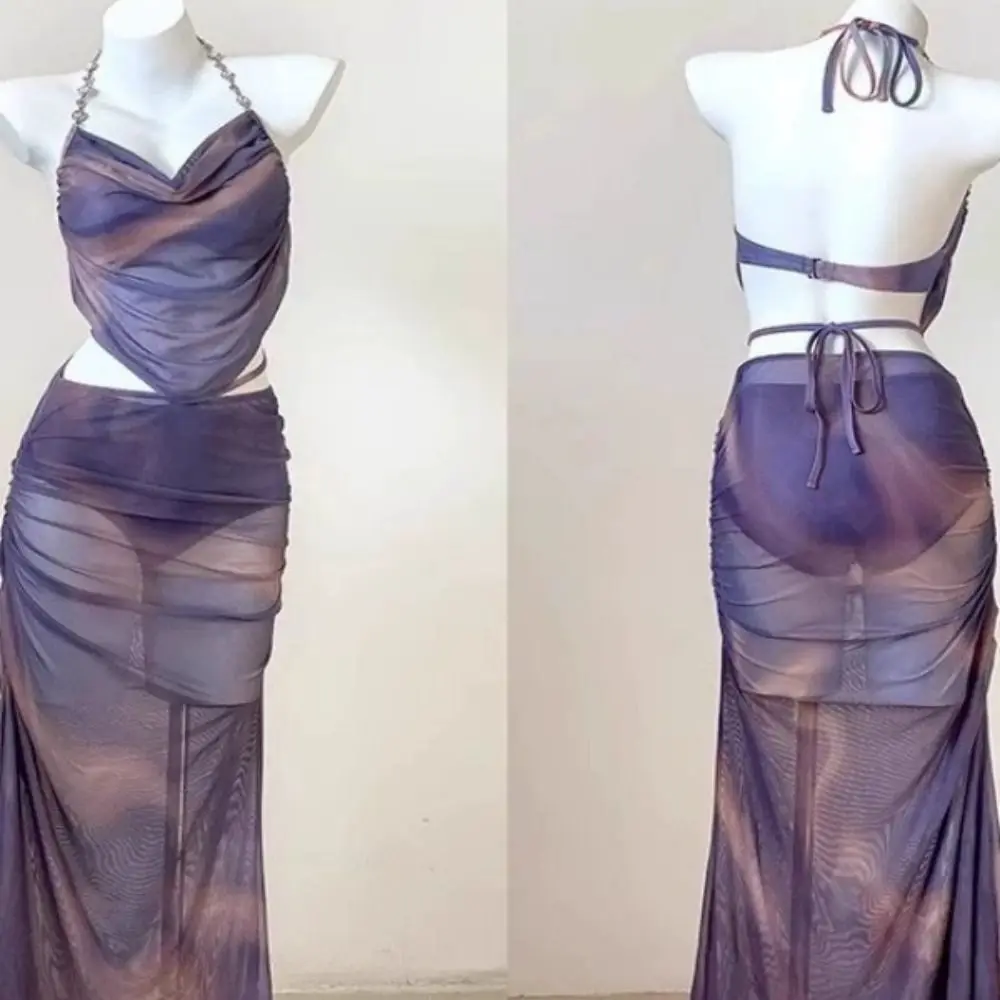 

Long Dress Sexy Bikini Small Chest Gathered Steel Support Three-Piece Set Split Skirt Covered Flesh Beach Vacation Swimwear