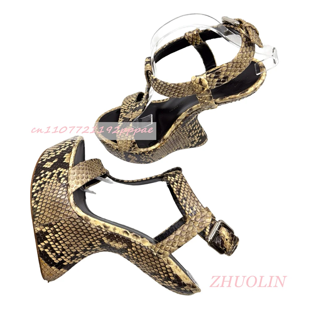 Women Snake Print Platform Sandals Open Toe Wedge Heel Ankle Strap Heels Black Gold Buckle Shoes Statement Party Summer Fashion