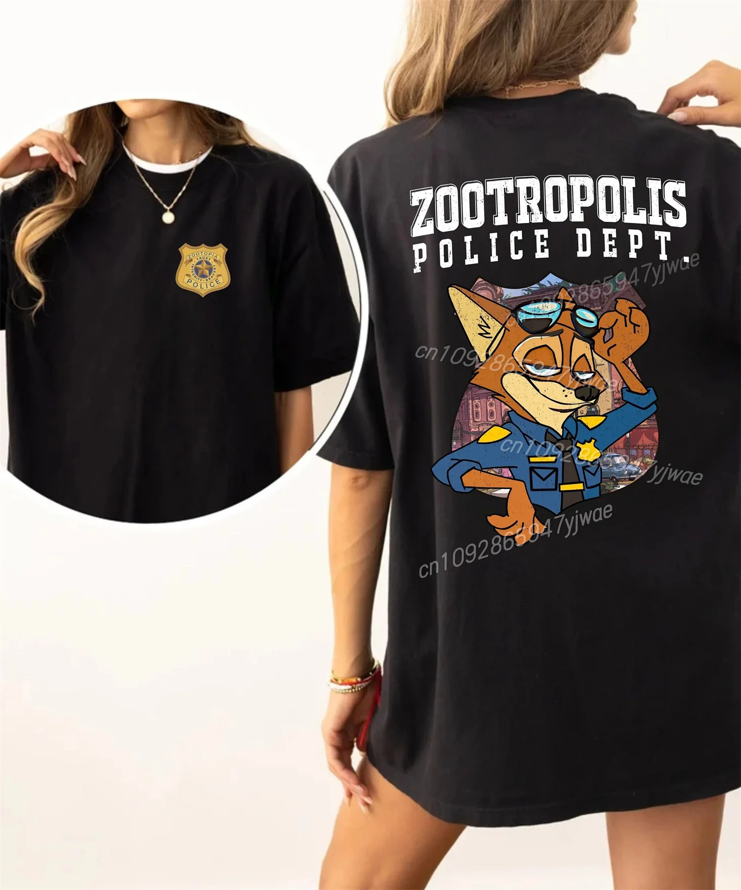 تي شيرت برسوم شارة قسم شرطة Zootropolis على الوجهين تي شيرت ريترو Zootopia تي شيرت نسائي قطني غير رسمي للسفر