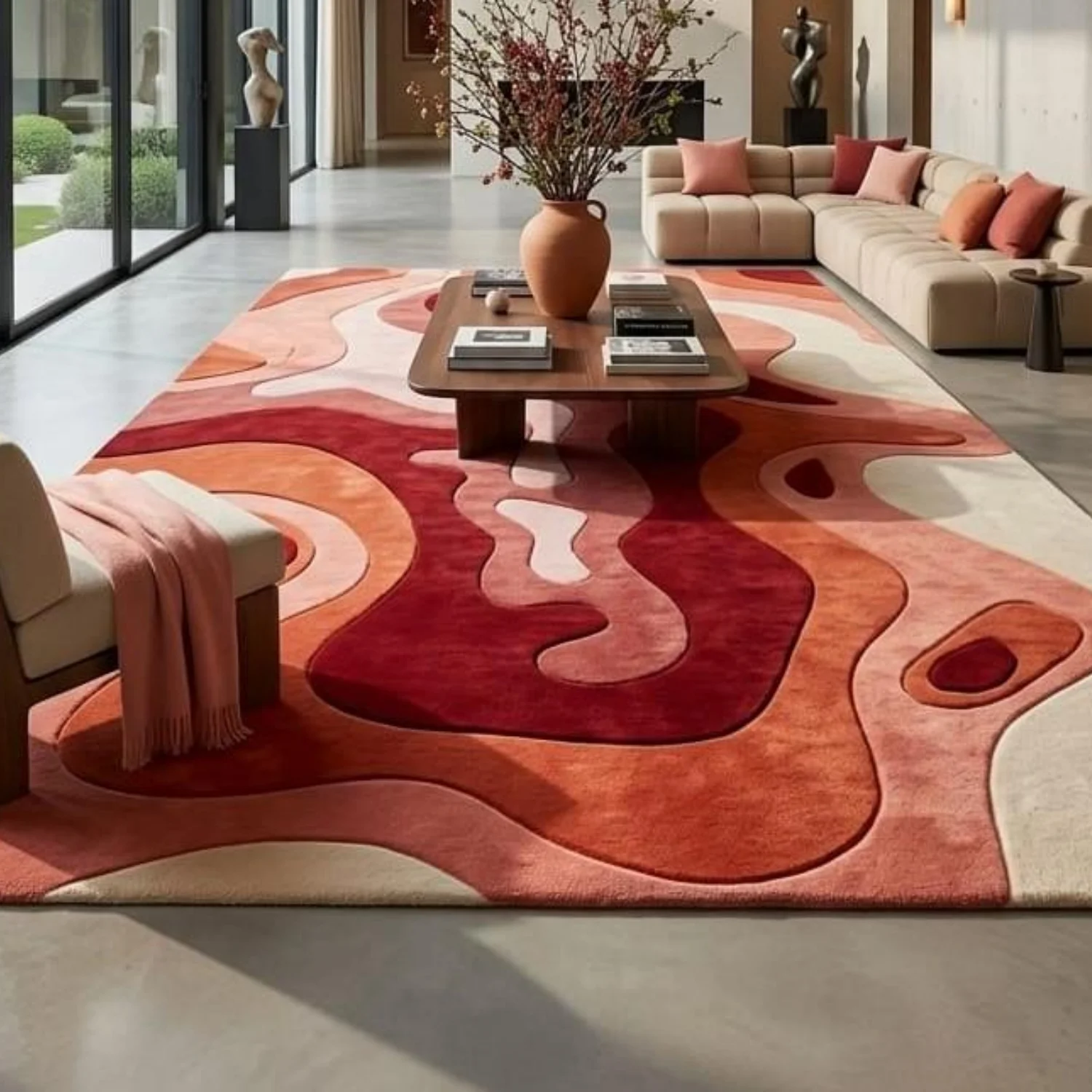 Room Decor Rug  H1and Tufted Wool Area Rug  Terracotta Burgundy Topographic Wavy Living Room DE1cor