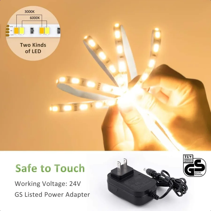 20ft Tunable White LED Strip Light Kit Dimmable 3000K6500K 24V Tape Light with RF Remote Flexible Rope LED Ribbon for Bedroom H