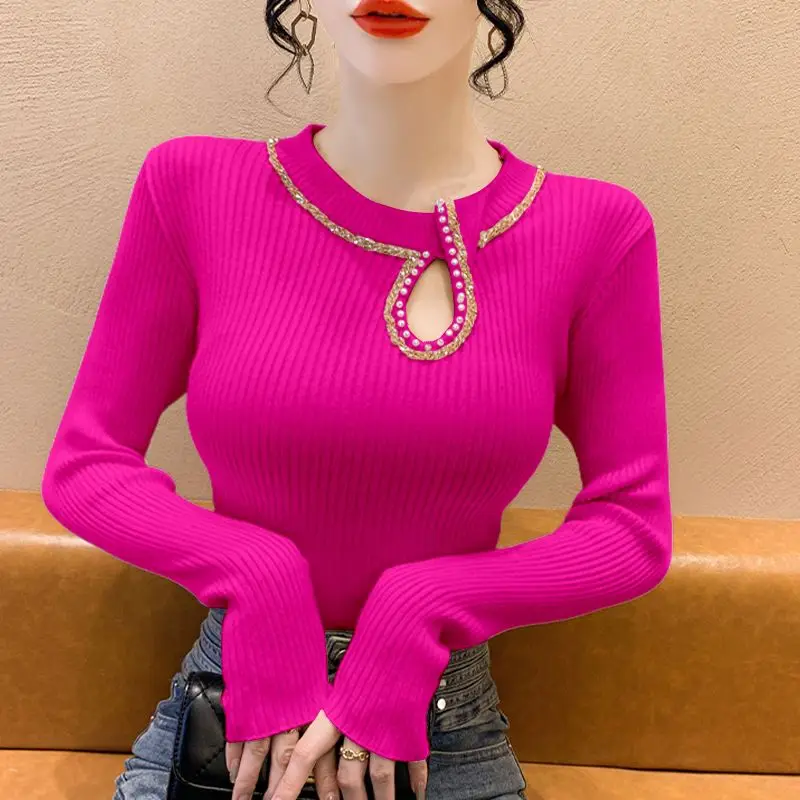 

Temperament Beaded Slim And Slim And Fashionable T-shirt Long-sleeved Bottom Shirt For Women With High-end Tops