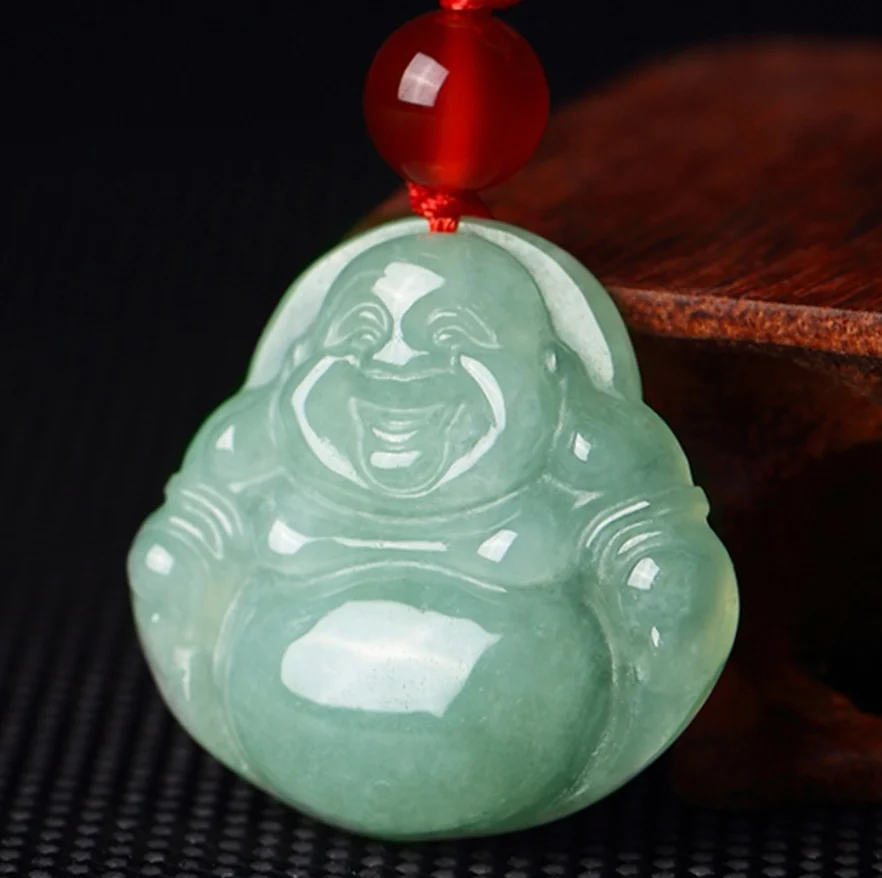 

Fine Jewelry Natural Jade A+ Jadeite Light Green Smiling Buddha Male And Female Pendant