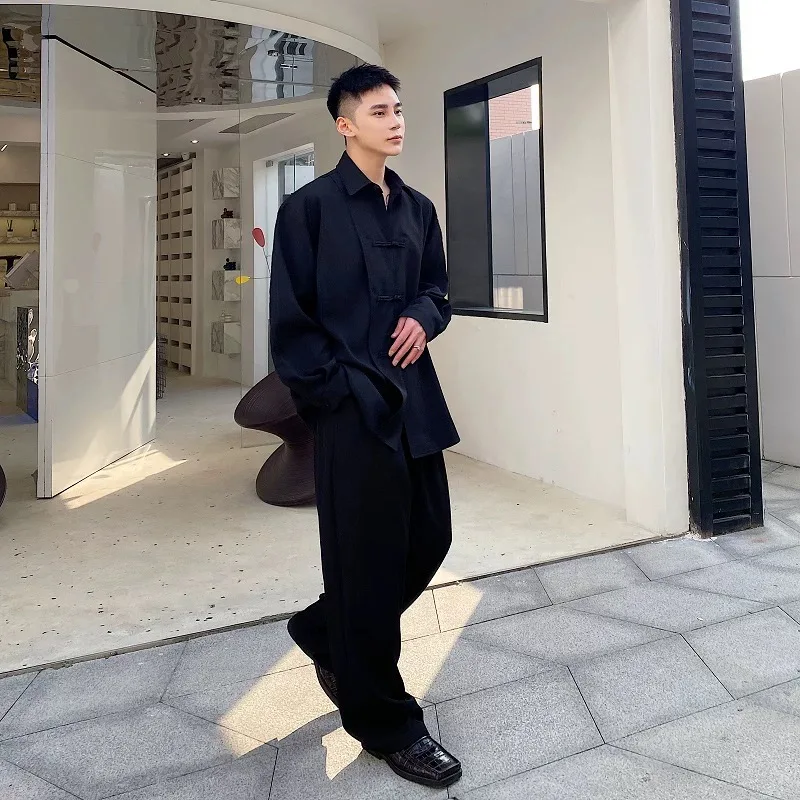 Men Senior Chinese Frog‌ Style Long Sleeve Shirts Tops Male Trendy Luxury Party Dinner Banquets Elegant Festival Holiday Blouse