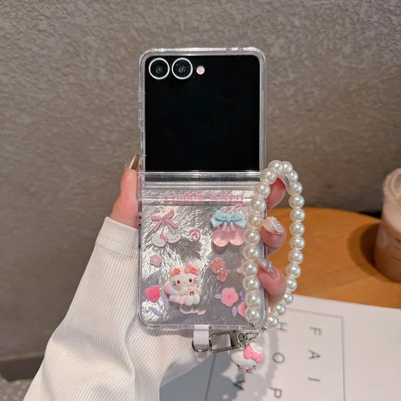Hello Kitty Phone Case for Samsung Galaxy Z Flip Cute Cartoon Handmade Stereo Love Design with Lanyard