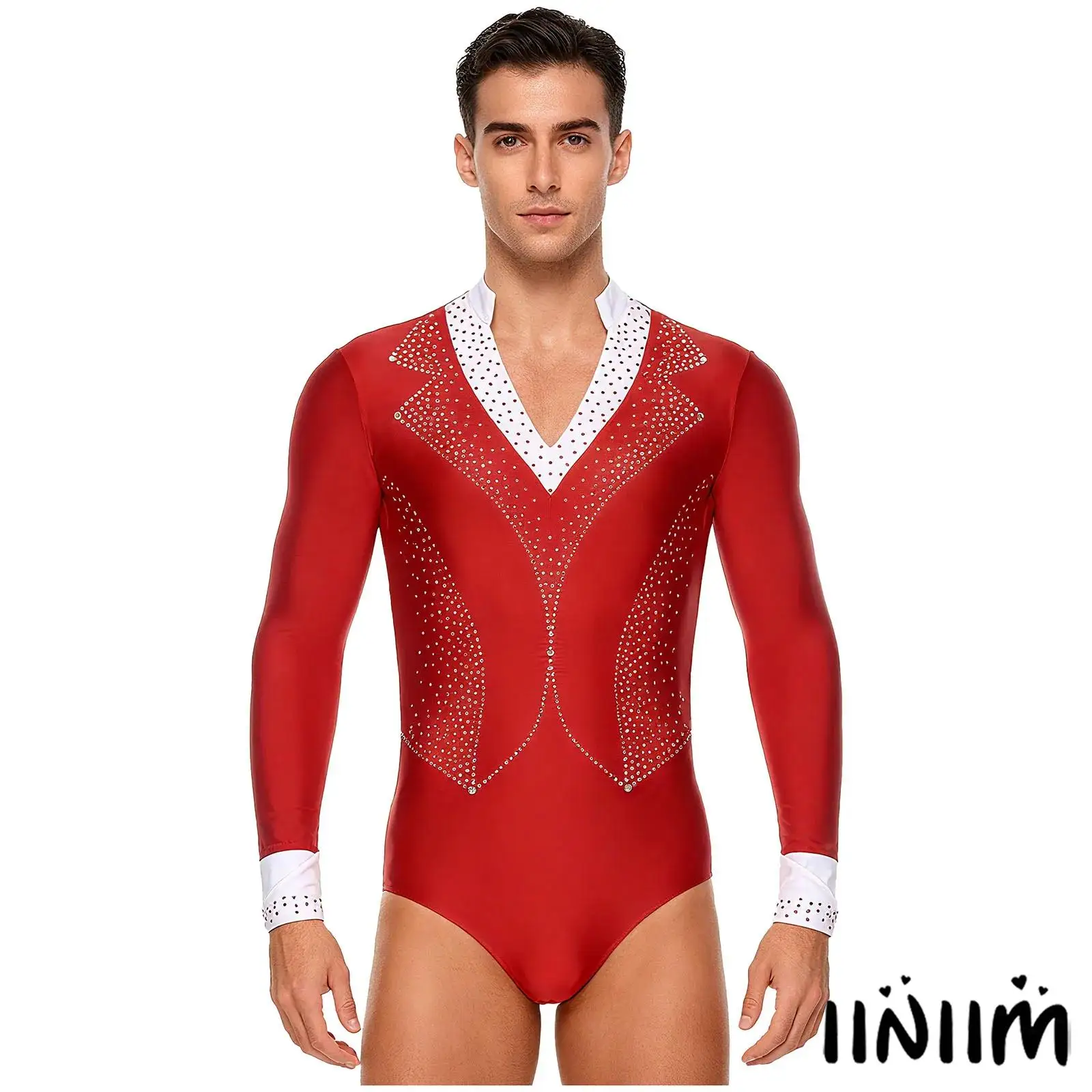 

Mens Figure Skating Performance Costume V Neck Long Sleeve Openable Crotch Ballet Dance Leotard for Tango Salsa Latin Dance Wear