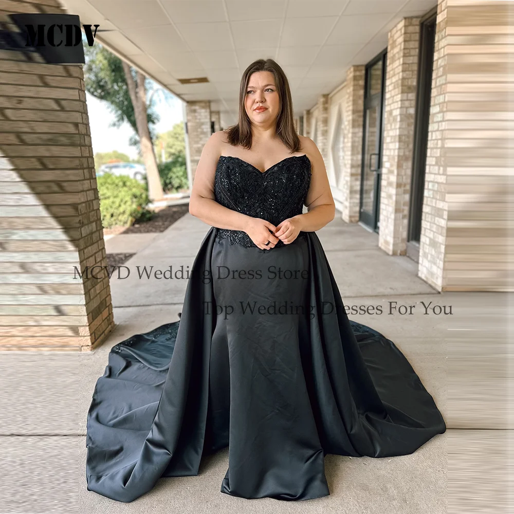 MCDV ブラック 2 で 1 ウェディングドレスプラスサイズの女性マーメイドノースリーブアップリケ取り外し可能なトレインサテンローブデマリエカスタマイズ