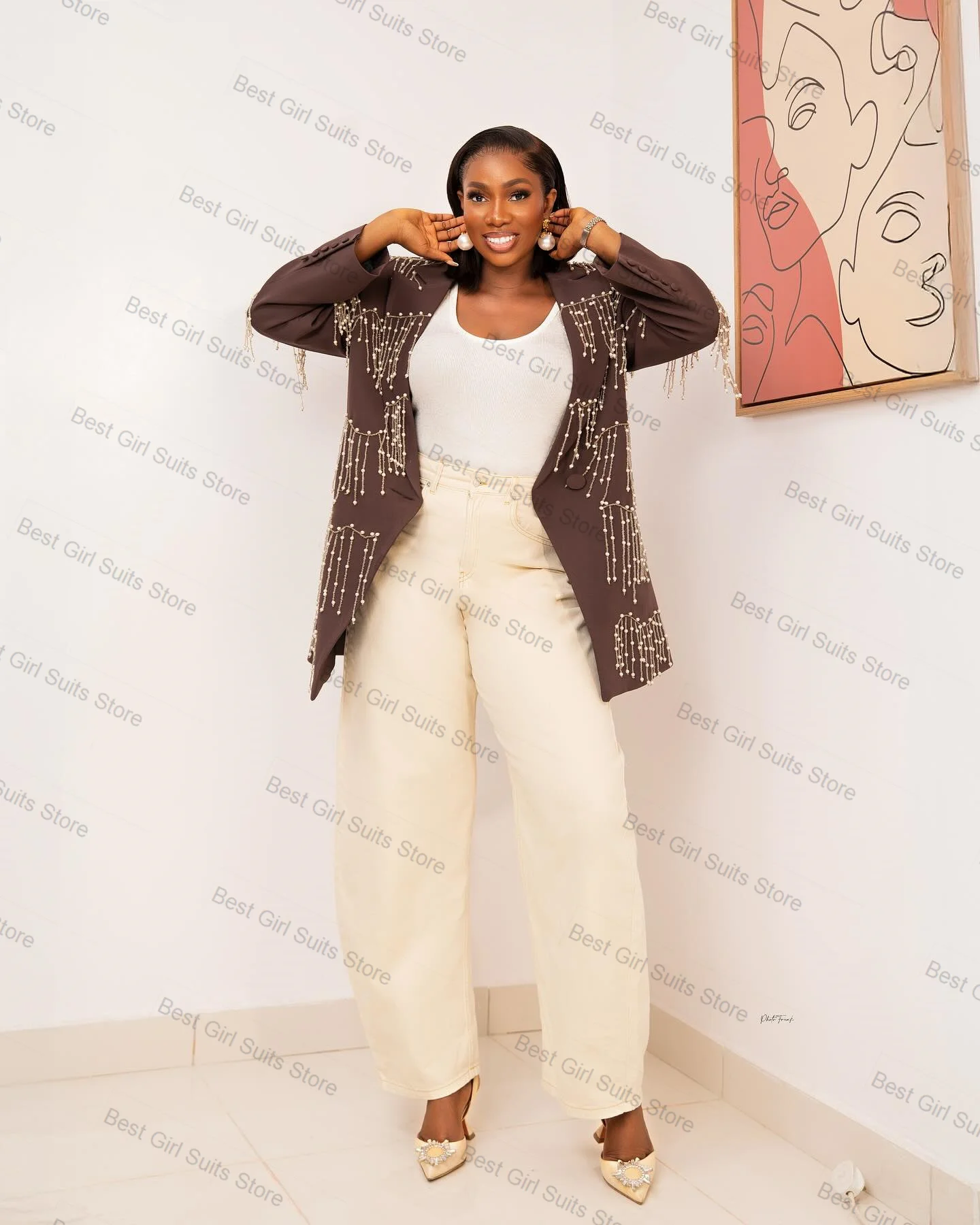 Completo da donna marrone Set blazer con perline in 2 pezzi + pantaloni bianchi Giacca da ufficio formale da donna in cotone Abito da smoking da sposa personalizzato