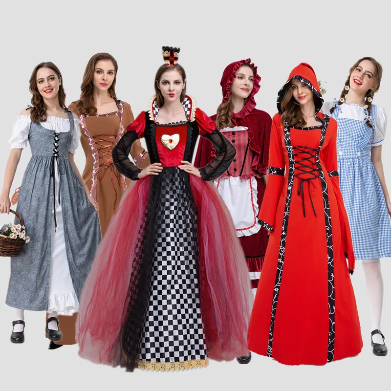 

loween Alice in Wonderland Red Queen Costume Vintage Court Princ Dr with Belt Stage Performance Clothing for Women