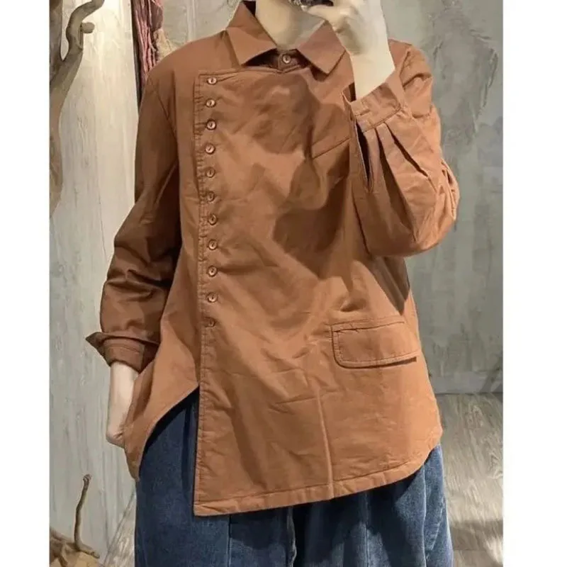 

Ladies' New Solid Color Slanted-Breasted Cotton Shirt New Long-Sleeved Diagonal Buckle Asymmetartistic Joker Coat Autumn Winter