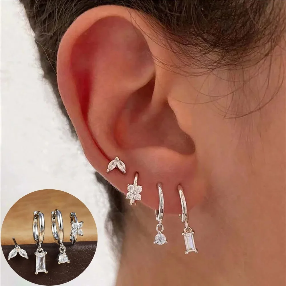4pcs Gold Plated Flower Hoop Earrings Set Stainless Steel Cubic Zirconia Piercing Accessory for Women