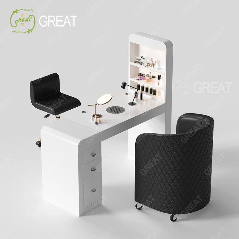 Conjunto de mesa e cadeira moderna de madeira branca para arte em unhas estilo 2025 para salão de beleza, terapia, manicure e pedicure