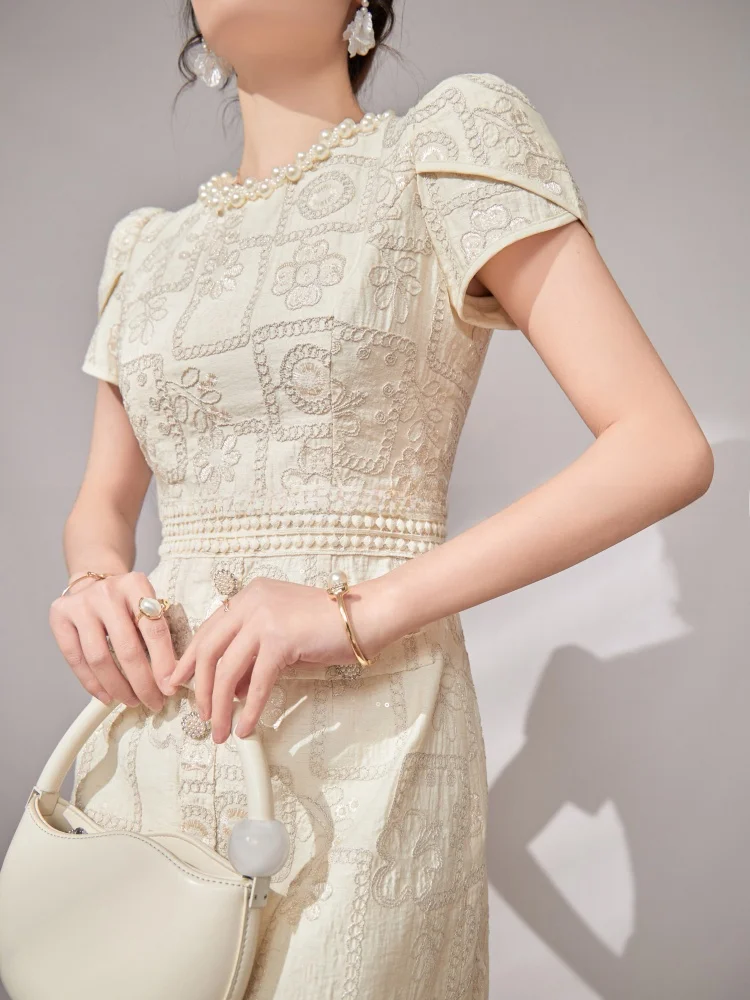 

Retro Heavy Embroidery Sequin Dress Waist Cinching Slimming A-Line Skirt Women Summer High Waist A-Line Dress Commute Style