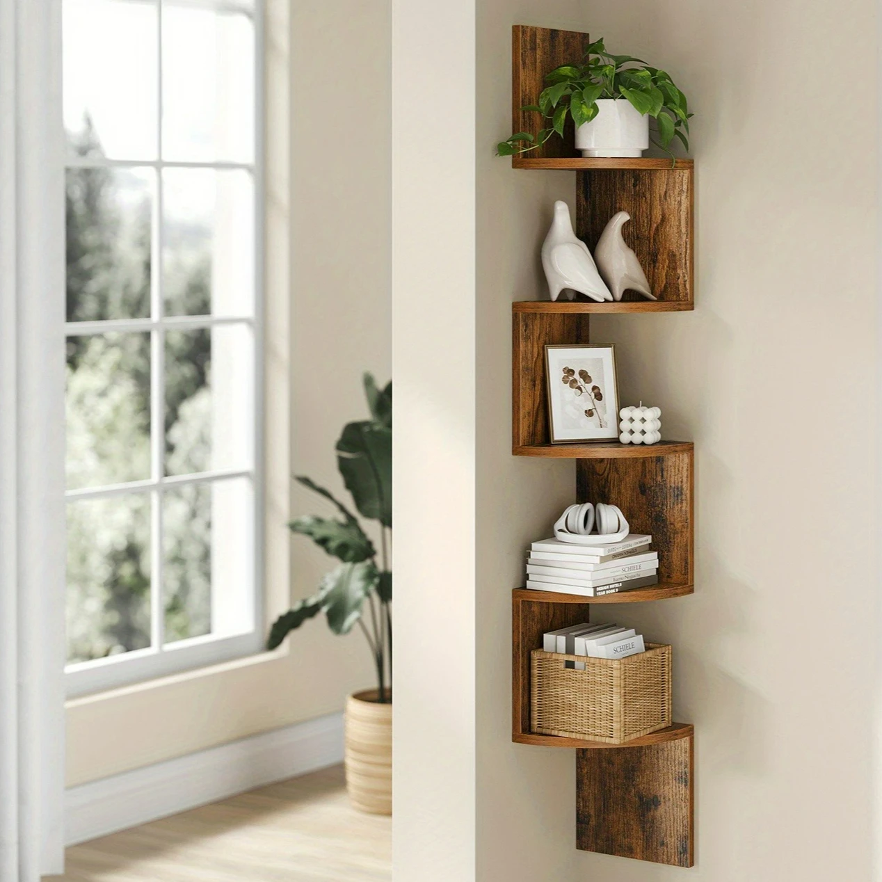 

5-Tier Corner Shelf, Wall Mounted Floating Shelves, Space Saving Storage for Bedroom, Living Room, Bathroom, Home Office
