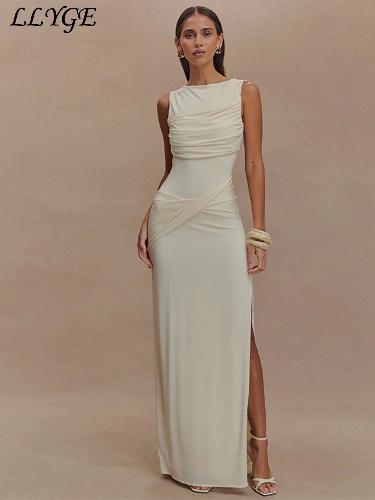 

Elegant Pleated Long Party Dresses Mesh Backless Sleeveless High Split Female Dresses 2025 Summer Lady Solid Vacation Beach Robe