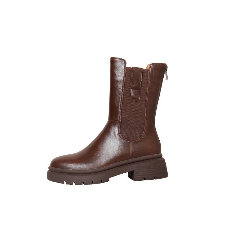 Arden Furtado Brown Chelsea Boots Women Calfskin Leather Solid Color Round Toe Slip-on Elastic Band Ladies Ankle Shoes Handmade