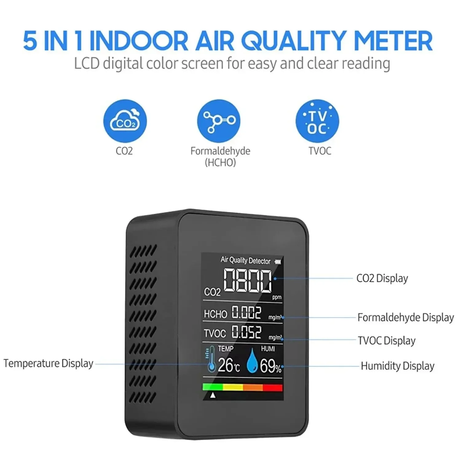 แบบพกพา 5 In1 Air คุณภาพ CO2 เมตรคาร์บอนไดออกไซด์เครื่องตรวจจับอุณหภูมิและความชื้น TVOC HCHO CO2 Sensor Analyzer