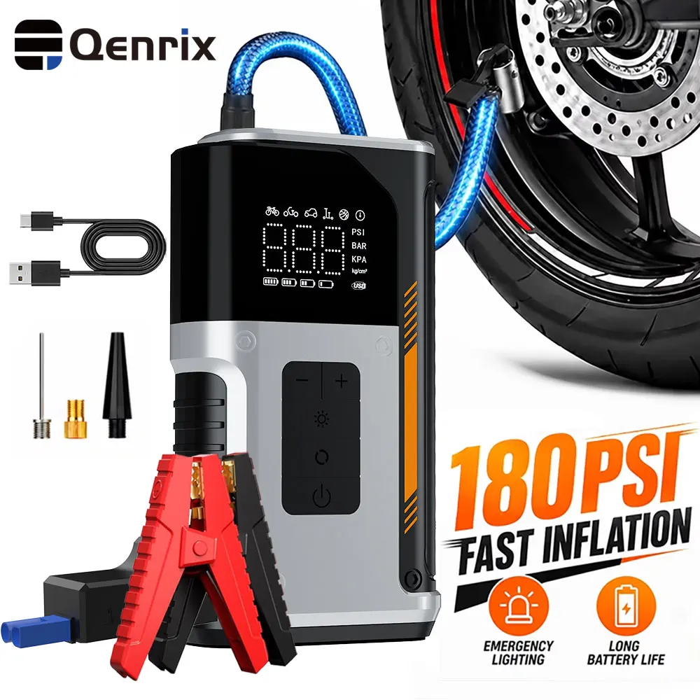 Qenrix 4-IN-1 Jump Starter Air Pump 12V Car Battery Booster Tire Inflator Air Compression for Car Emergency Starter