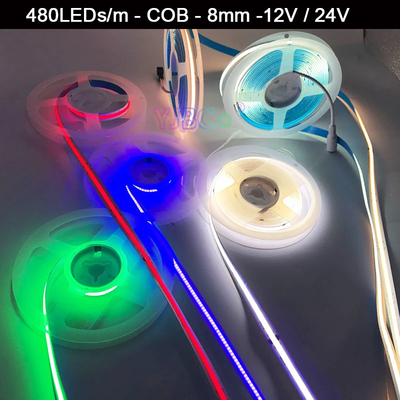 

12V 24V 5M/lot COB LED Strip 480LEDs/m White/Warm white/Natural White/Blue/Red/Green single color Flexible Light Tape 8mm PCB