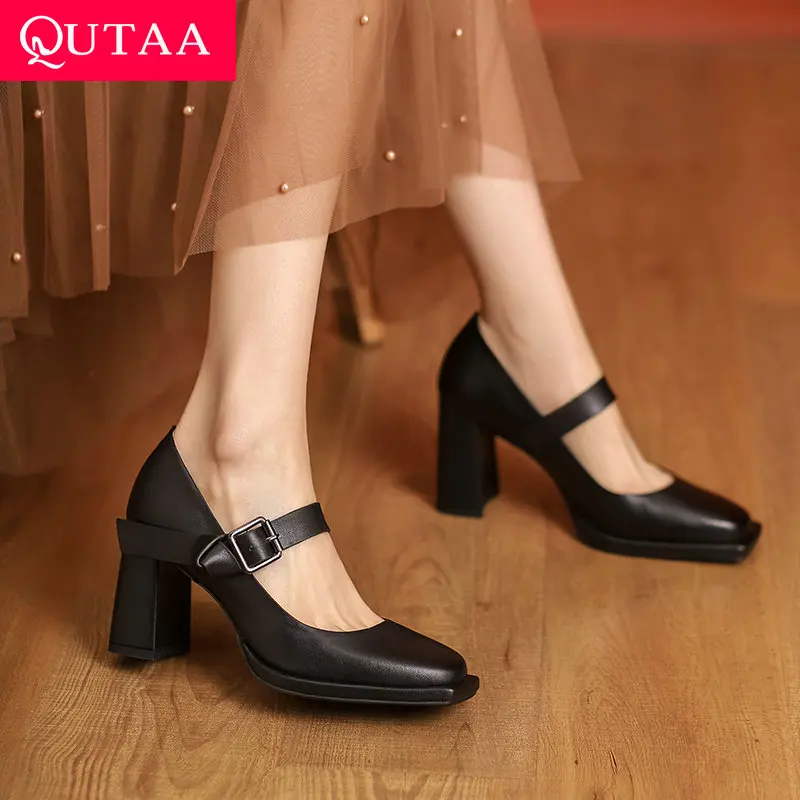 

QUTAA 2022 Genuine Leather Buckle Mary Janes Women Pumps Casual Round Toe Square Low Heel Shallow Female Shoes Size 34-39