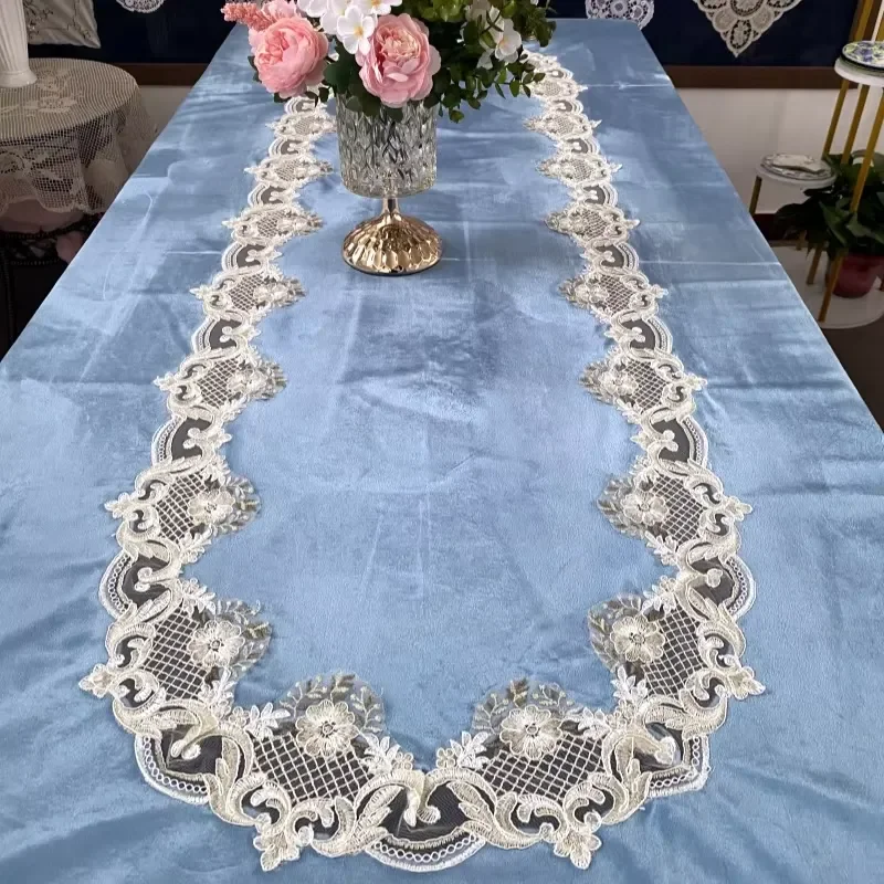 Elegant Blue Polyester/Cotton Italian Velvet Jacquard Woven Floral Embroidery Washable Customizable BS Table Cloth Wedding