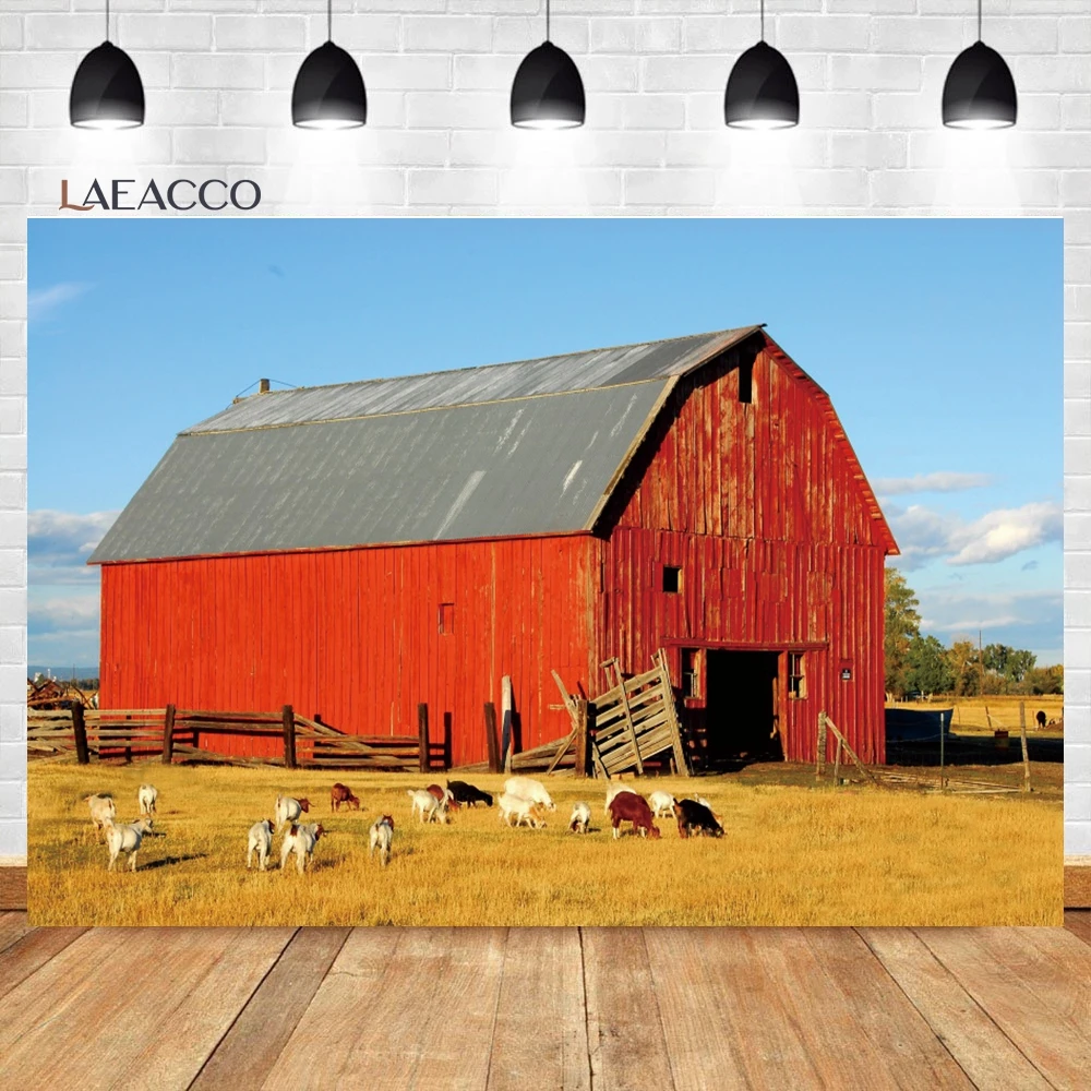 Laeacco Rural Countryside Photography Backdrop Country Farm House Yard Red Barn Animals Adult Kids Birthday Portrait Background