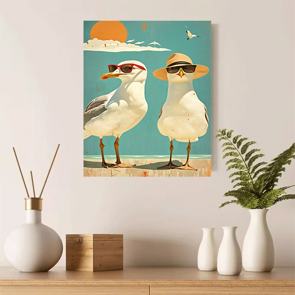 1PC-Canvas poster Unframed  Seagulls Wearing Sunglasses Beach Sunset Art Print  summer