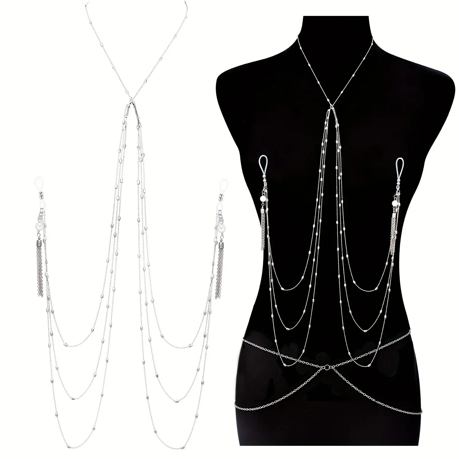 2pcs Stainless Steel Fake Nipple Rings With Chain, Waist Chain Set, Nipple Body Chain Jewelry