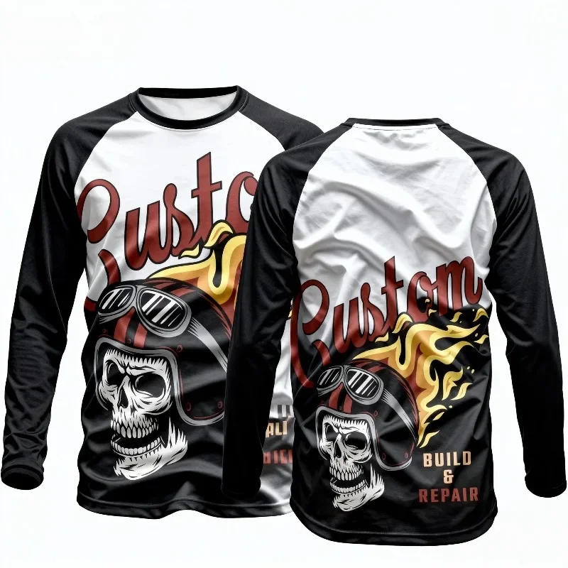 

Flaming Skeleton Motorcycle 3D Print Long Sleeve, American Retro Style 'Custom' Hardcore Street-Riding Eye-Catching Piece