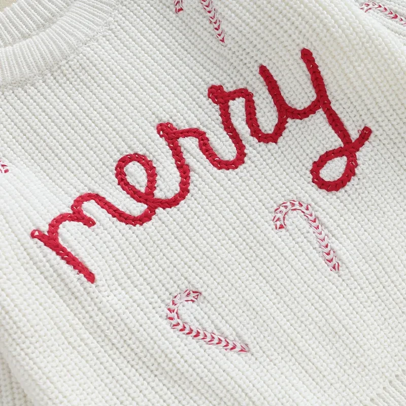 Merry Christmas Children Clothes Girls Boys Knitted Sweaters Long Sleeve Candy Cane Embroidery Crochet Pullover Kids Knitwear