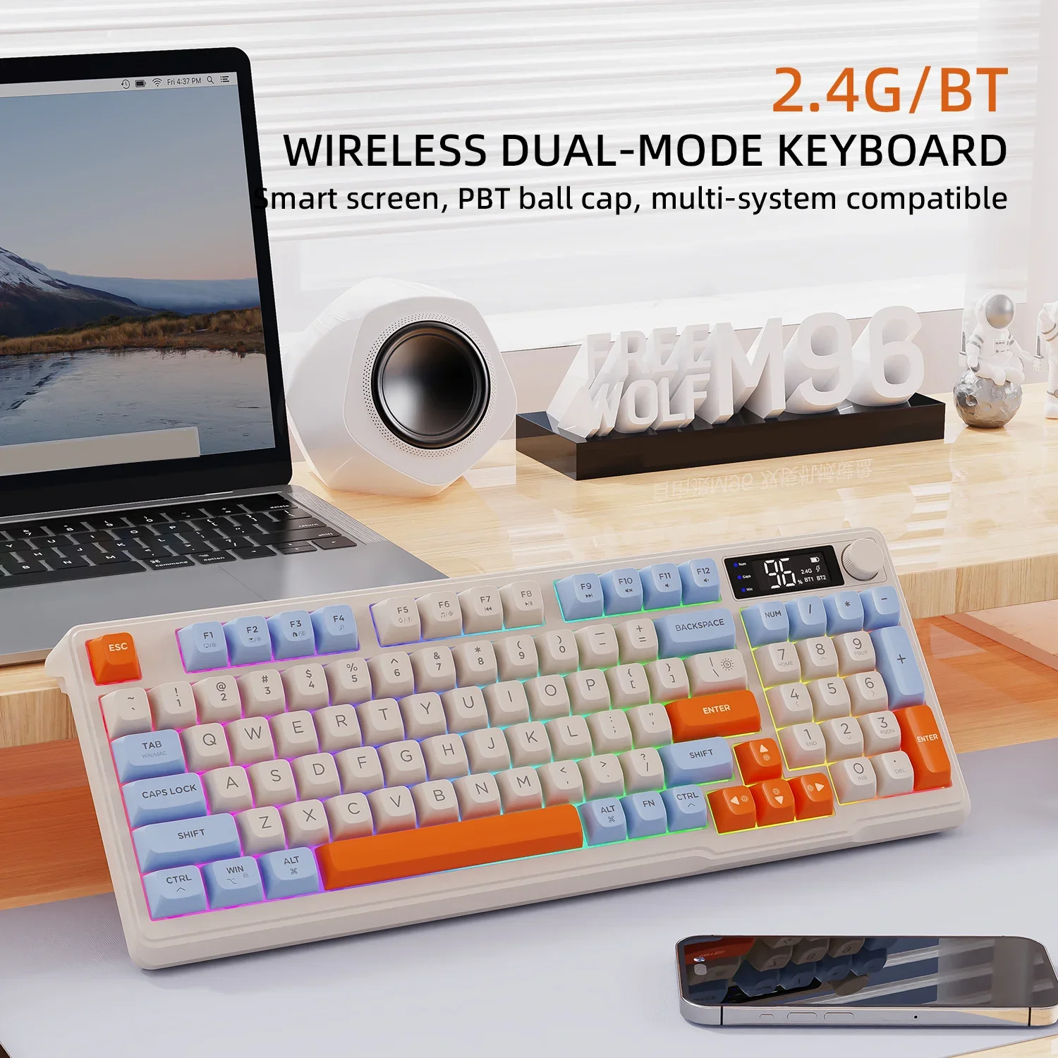 Wireless Gaming Keyboard with Display Screen & Knob, Bluetooth/2.4GHz Quiet Membrane Keyboard, 3000mAh Rechargeable