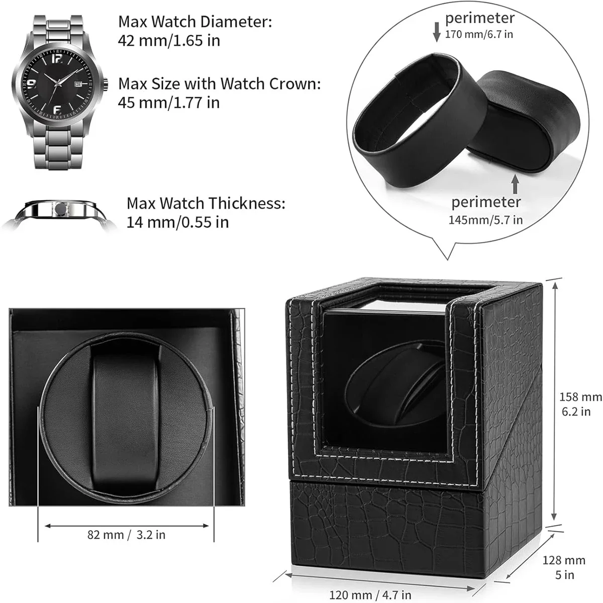 2 Slots Watch Winder for Automatic Watches Watch Box Automatic Winder Use USB Cable for Men with Quiet Motor