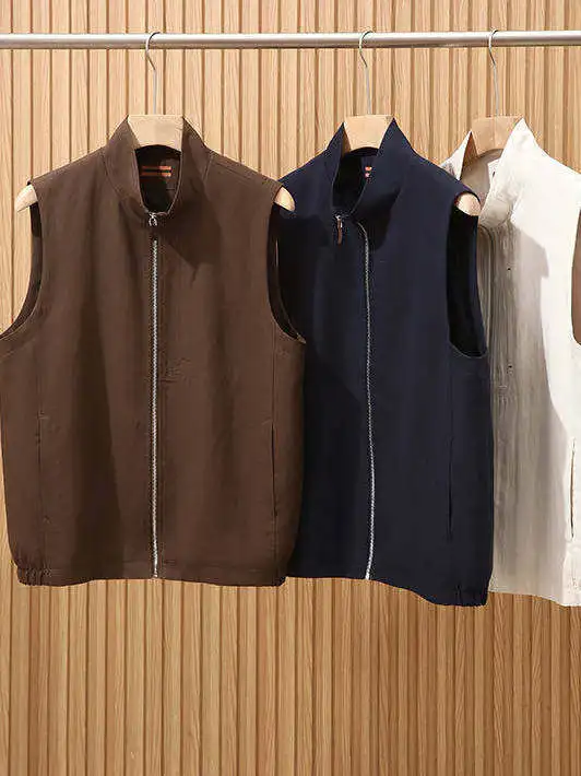  Linen Men's Vest Lightweight Casual Stand Collar Shoulder Pad Outdoor Breathable Zipper Closure Standard Fit