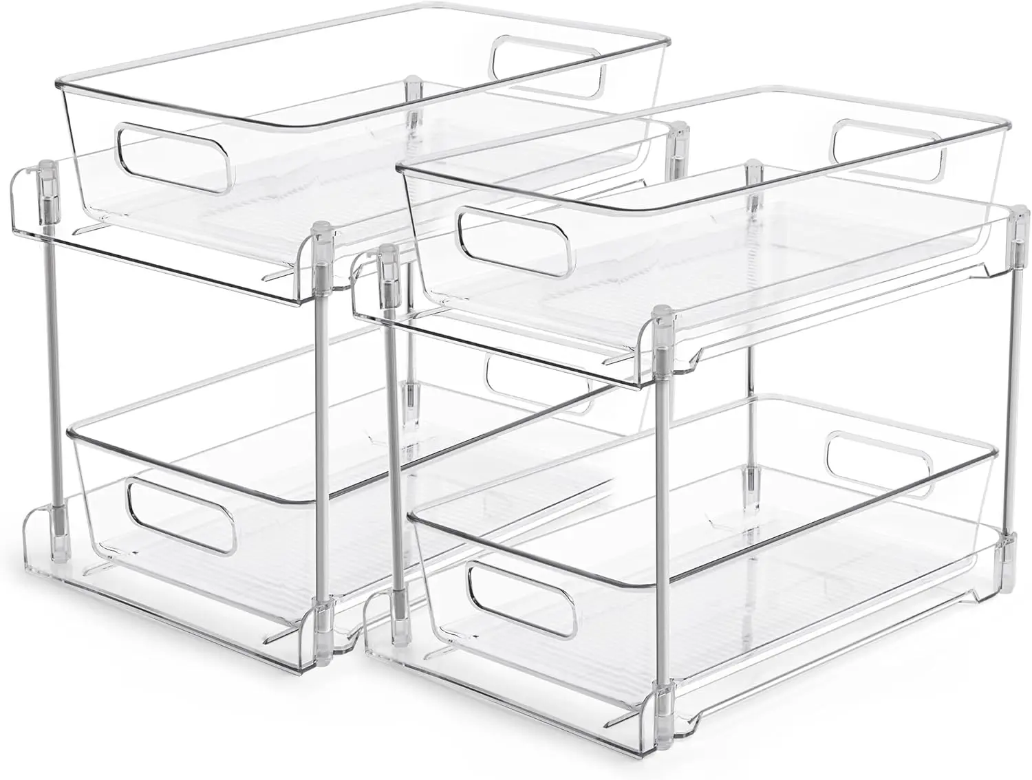 

2-Tier Clear Under Sink Organizer, 2-Pack Pull-Out Storage Bins with Track for Bathroom, Kitchen Cabinet Drawers