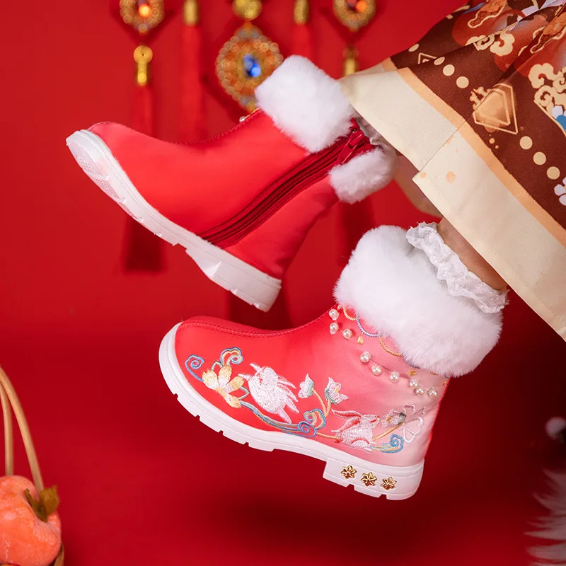 CY348 Winter New Hanfu Boots Antique Performance Baby New Year Shoes Children Embroidered Cotton Boot Female